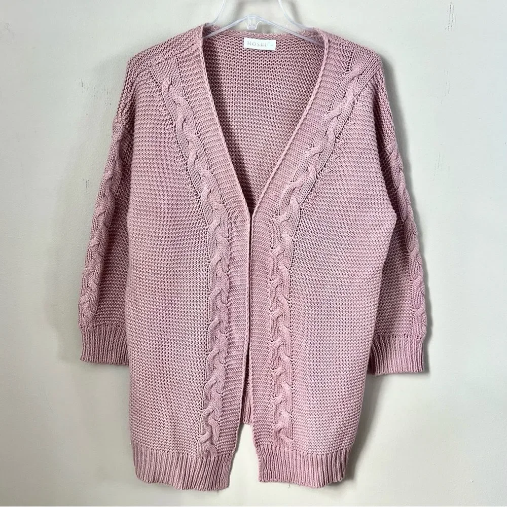 Moshu Pink Open Front Cable Knit Women's Sweater SZ Large - Picture 3 of 12